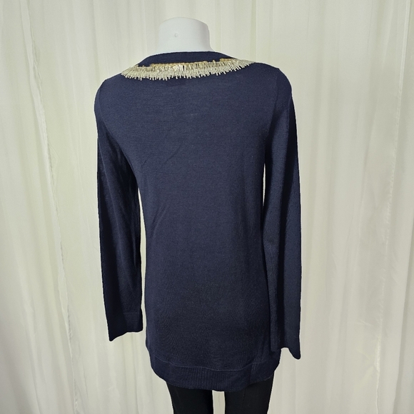 Tory Burch deep navy blue Merino Wool Plunge Neckline Sweater tunic sequin bead - Picture 6 of 9